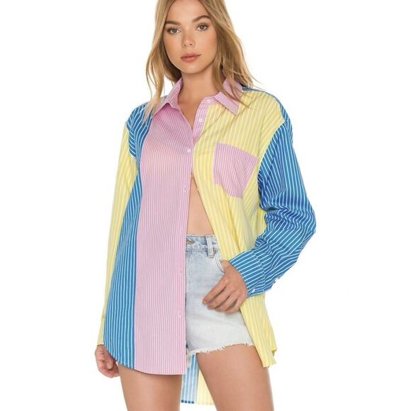 SOLID & STRIPED Tops - Solid & Striped Oxford Tunic Shirt Coverup XS Colorblock Stripe Beach Resort‎